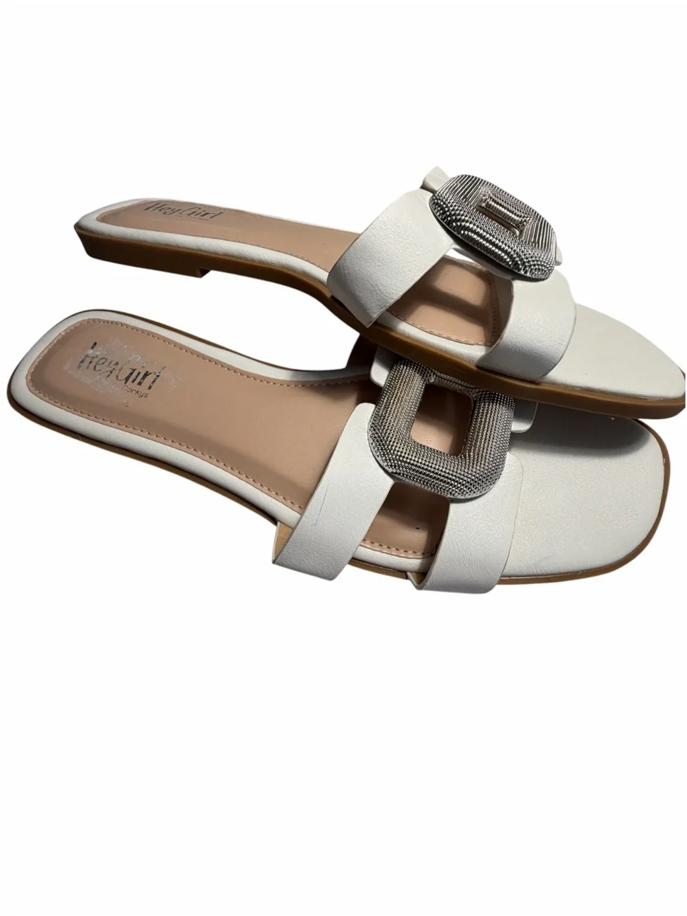 Corkys Ring around the Rosie White Slide Sandals with Decorative Buckle Sz 10